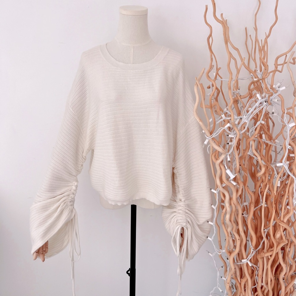 GORGEOUS RIBBED SWEATER TOP WITH OVERSIZED DRAWSTRING BELL SLEEVE